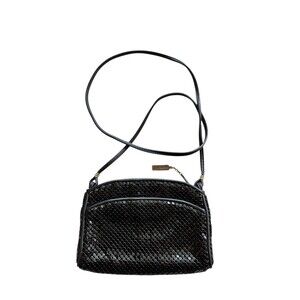 Whiting and Davis vintage black mesh metal crossbody purse on a leather strap